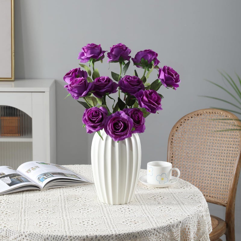 Tifuly Purple Roses Artificial Flowers - 12 pcs Realistic Single Long Stem Fake Silk Roses Bouquet for Party Home Wedding Centerpiece Office DIY Decor - Image 3